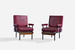 Italian Designer, Lounge Chairs, Vinyl, Metal, Wood, Italy, 1960s