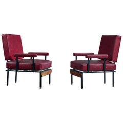 Italian Designer, Lounge Chairs, Vinyl, Metal, Wood, Italy, 1960s