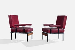 Italian Designer, Lounge Chairs, Vinyl, Metal, Wood, Italy, 1960s