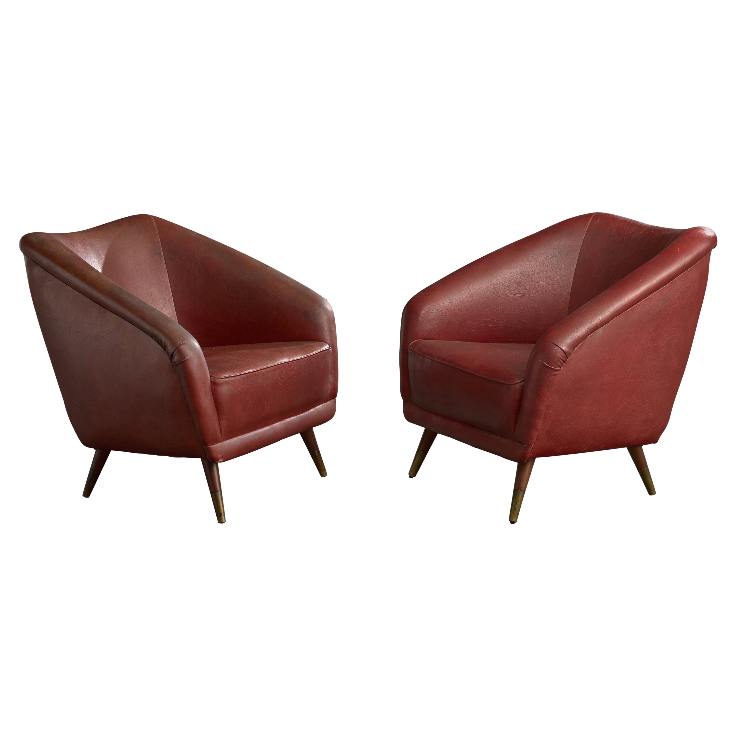 Designer italien, chaises longues, vinyle, Wood, laiton, Italie, années 1950