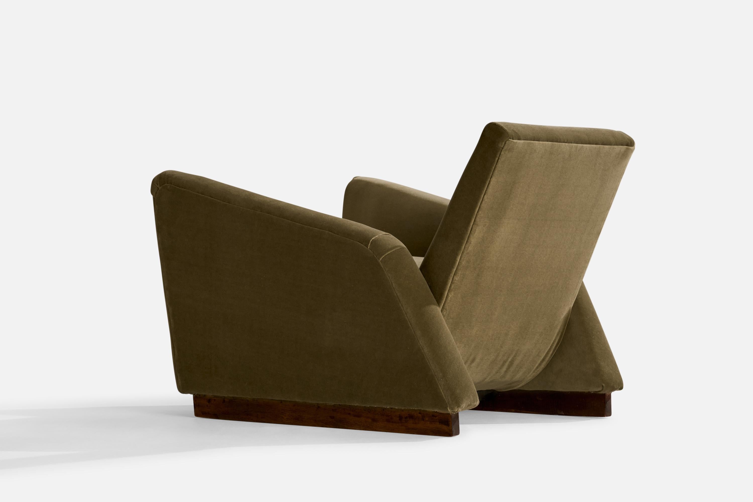 Art Deco Italian Designer, Lounge Chairs w Ottomans, Velvet, Wood, Italy, 1930s For Sale