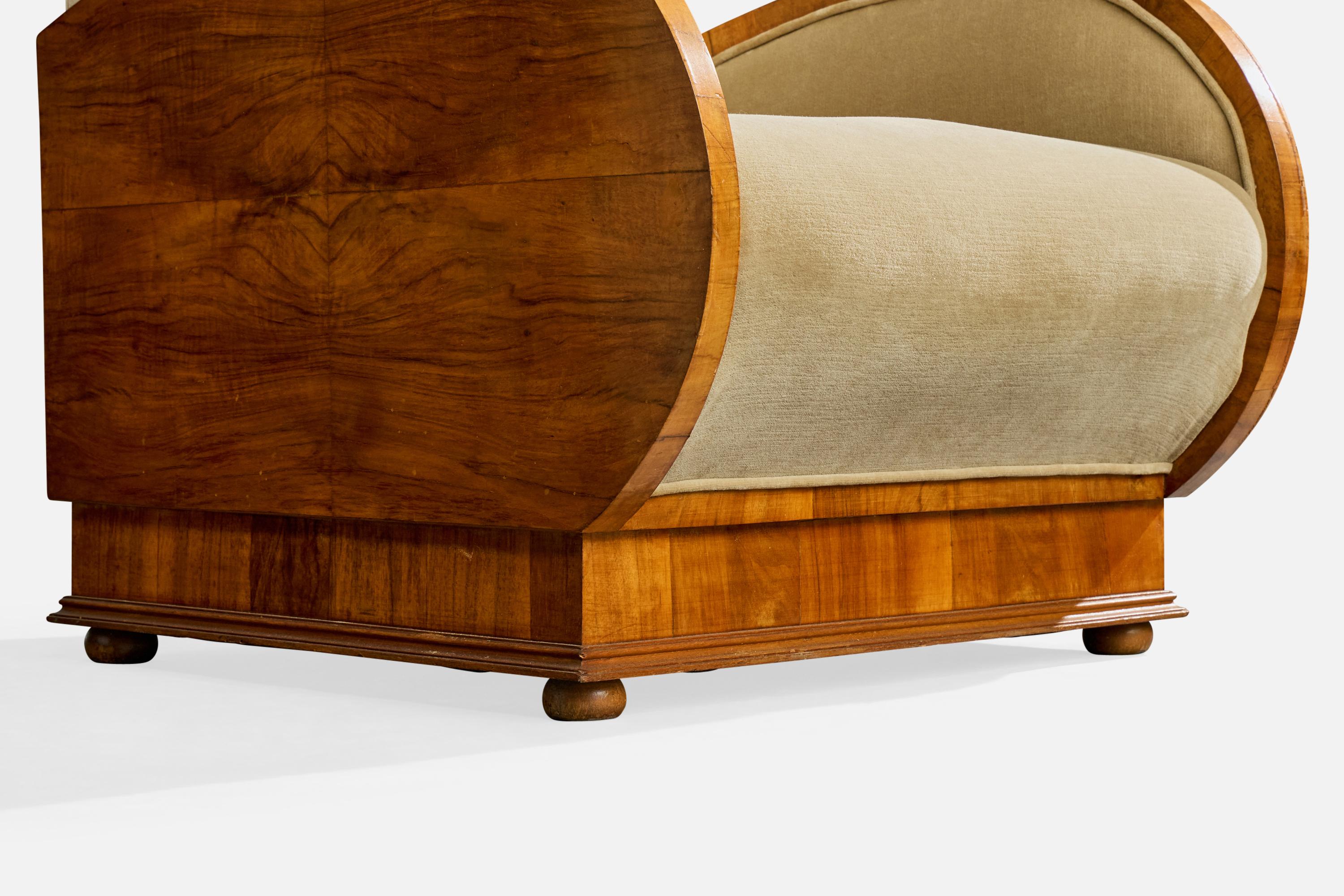 Italienischer Designer, Loungesessel, Nussbaum, Stoff, Italien, 1930er Jahre im Angebot 8