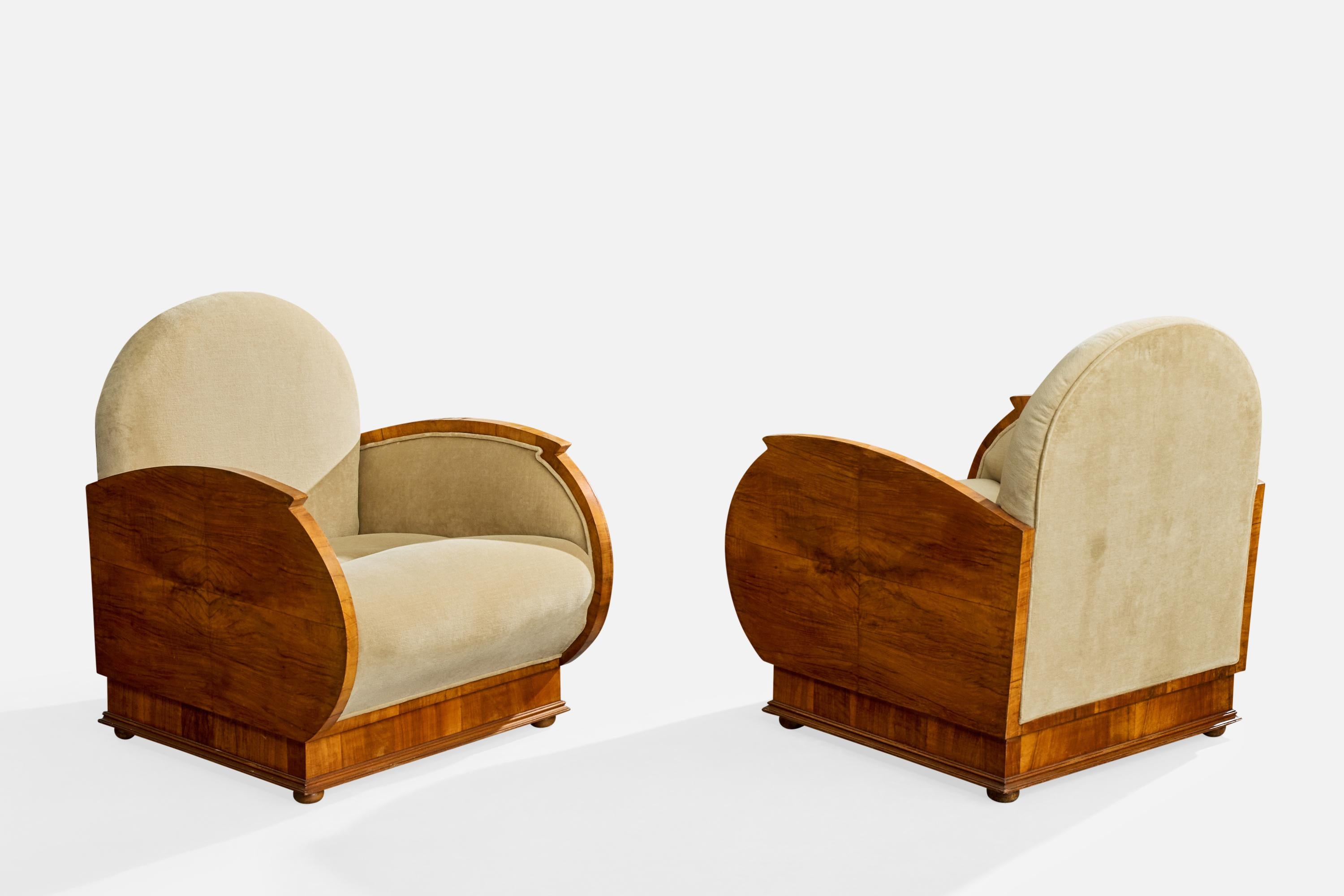 Italienischer Designer, Loungesessel, Nussbaum, Stoff, Italien, 1930er Jahre (Moderne der Mitte des Jahrhunderts) im Angebot