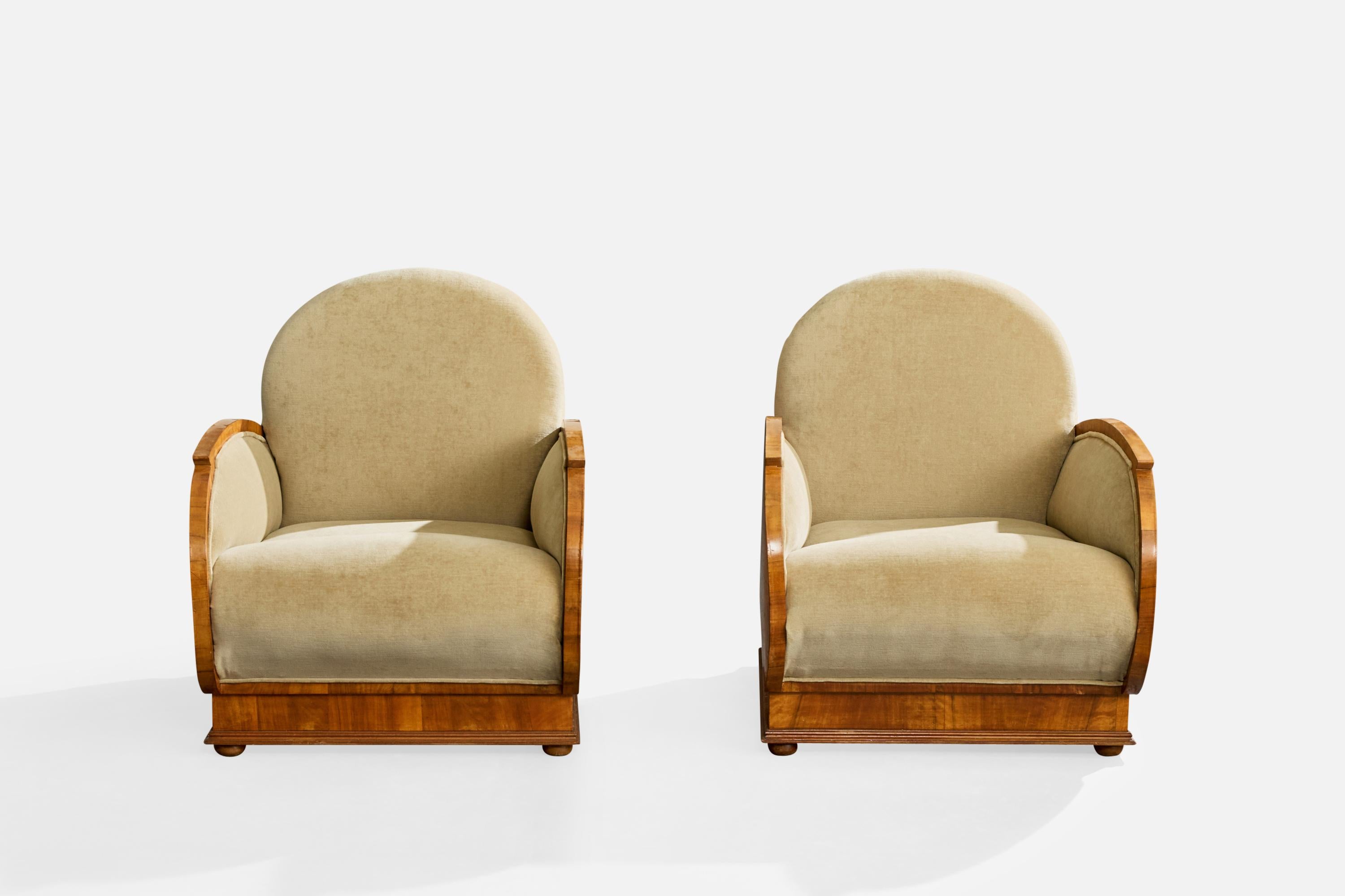 Italienischer Designer, Loungesessel, Nussbaum, Stoff, Italien, 1930er Jahre im Zustand „Gut“ im Angebot in High Point, NC