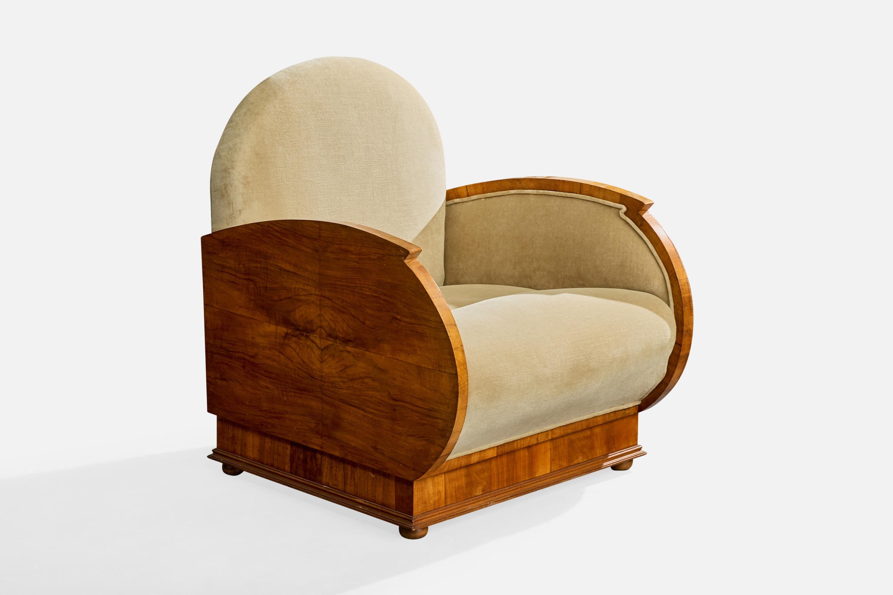 Italienischer Designer, Loungesessel, Nussbaum, Stoff, Italien, 1930er Jahre (Mitte des 20. Jahrhunderts) im Angebot