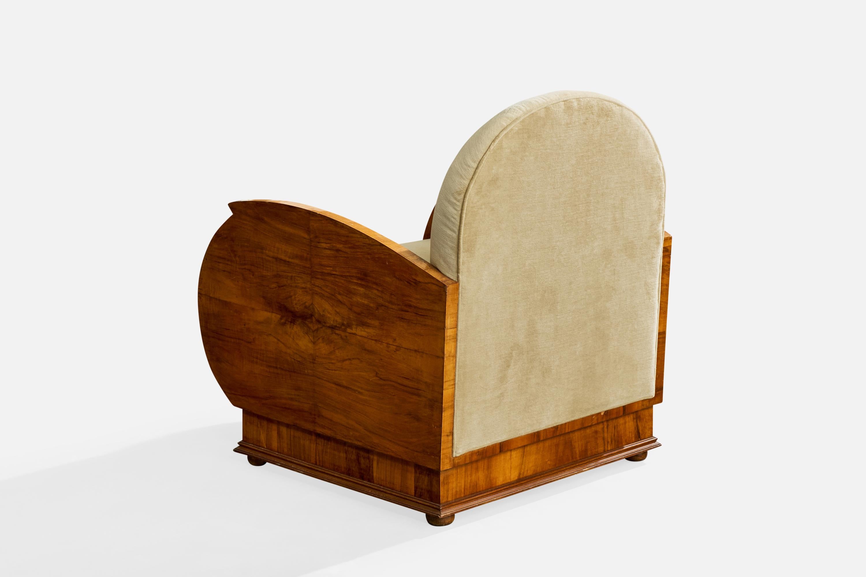 Italienischer Designer, Loungesessel, Nussbaum, Stoff, Italien, 1930er Jahre im Angebot 1