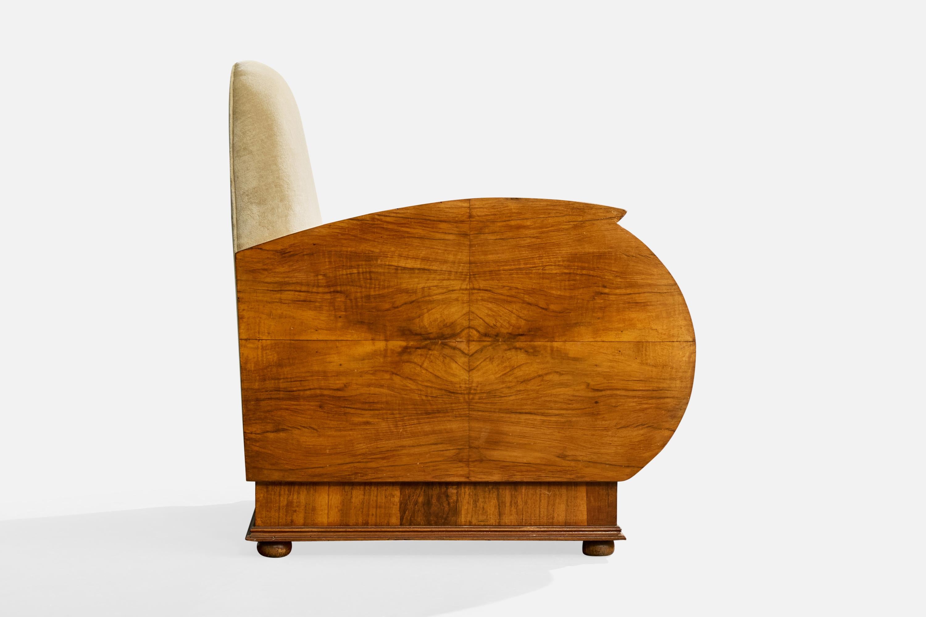 Italienischer Designer, Loungesessel, Nussbaum, Stoff, Italien, 1930er Jahre im Angebot 2