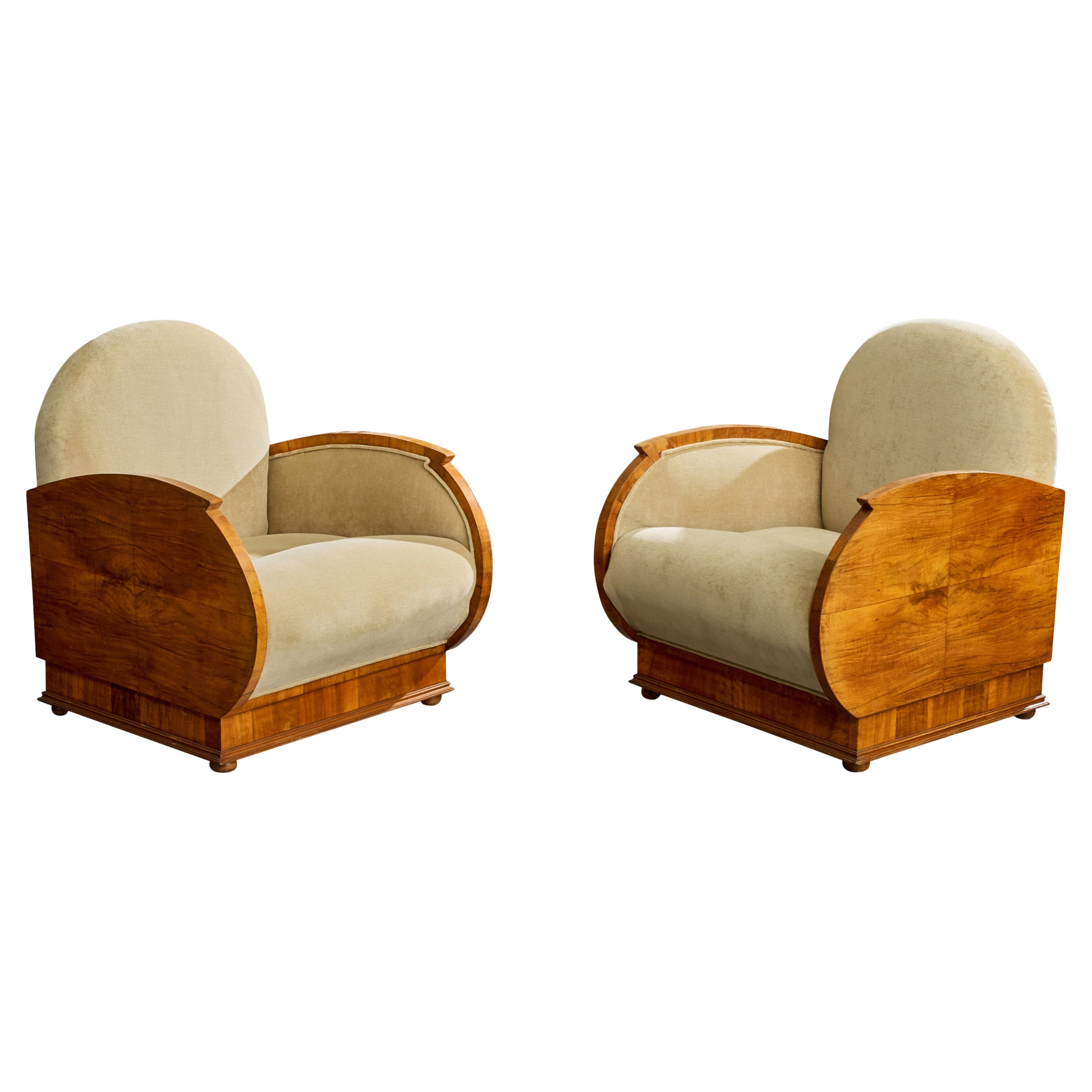 Italian Designer, Lounge Chairs, Walnut, Fabric, Italy, 1930s
