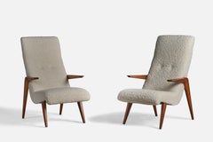 Italian Designer, Lounge Chairs, Walnut, Fabric, Italy, 1950s