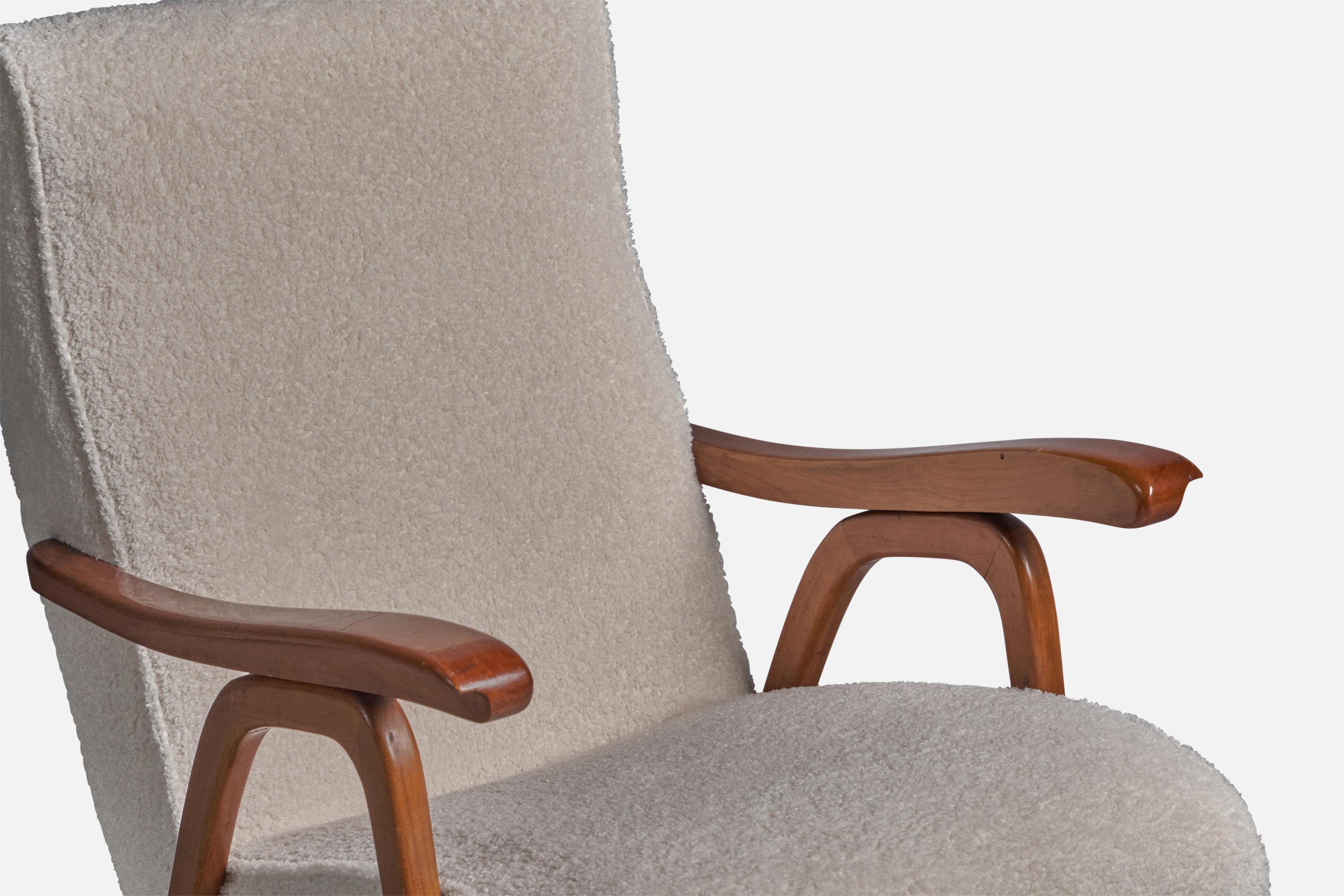 Mid-Century Modern Italian Designer, Lounge Chairs, Walnut, Fabric, Italy, 1950s For Sale