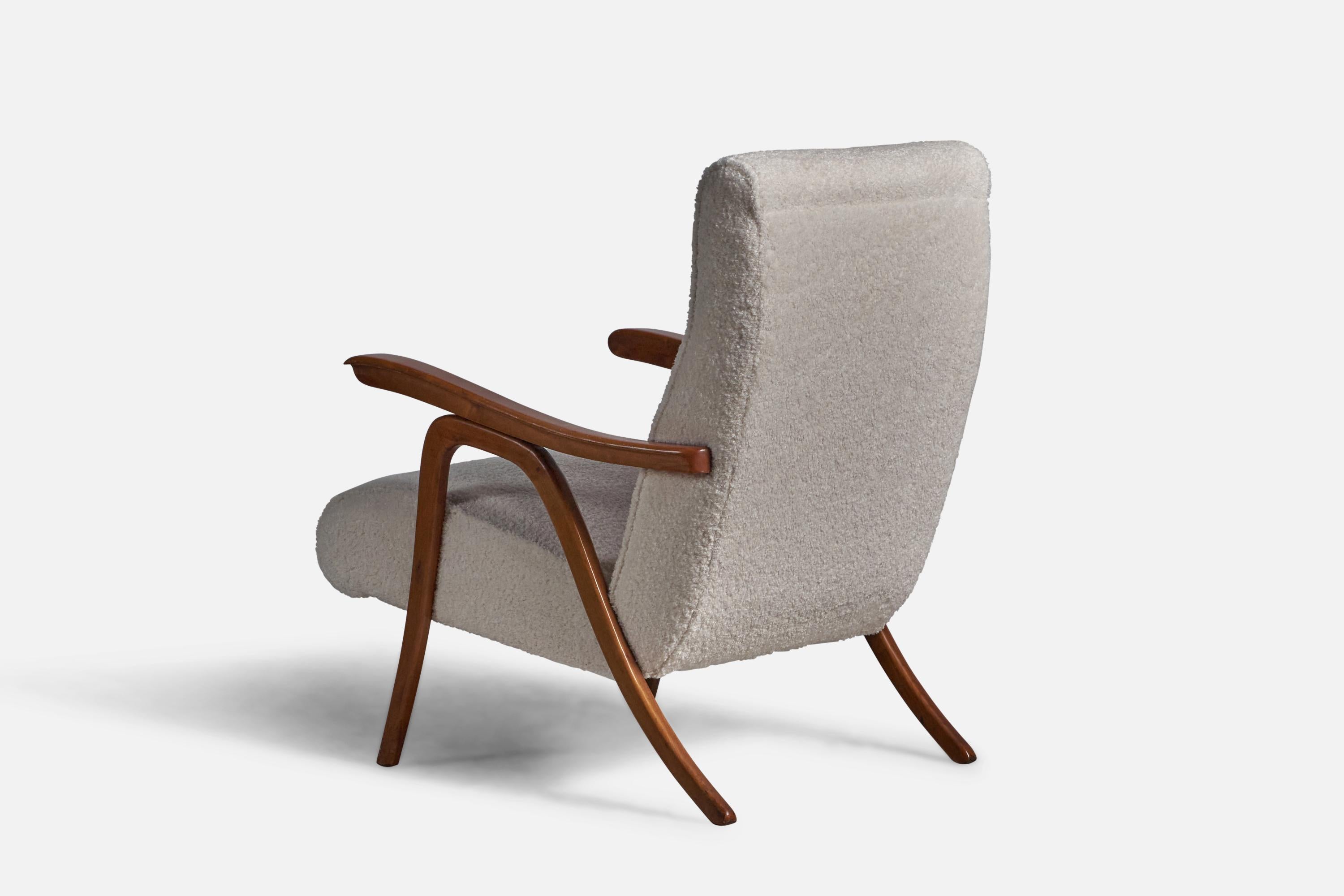 Bouclé Italian Designer, Lounge Chairs, Walnut, Fabric, Italy, 1950s For Sale