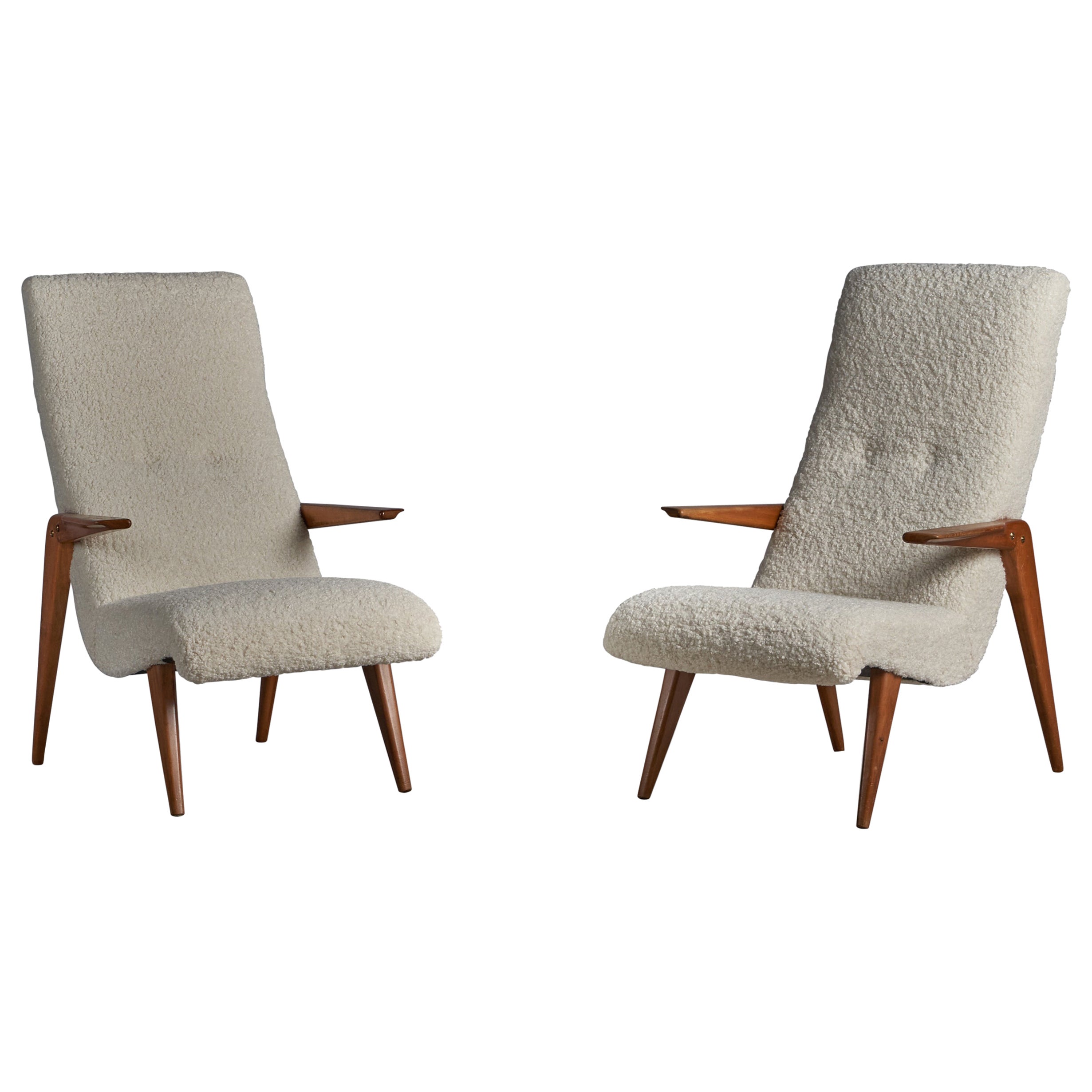 Italian Designer, Lounge Chairs, Walnut, Fabric, Italy, 1950s
