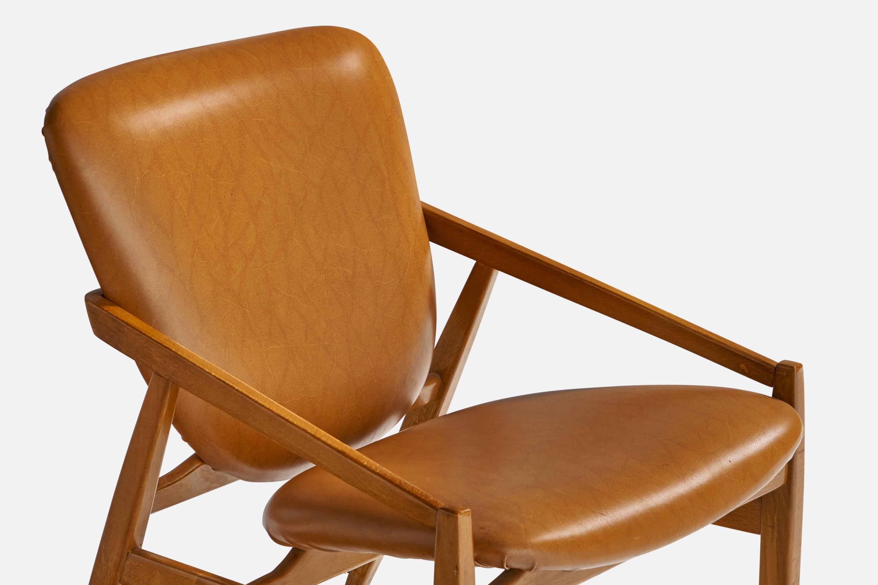Mid-Century Modern Italian Designer, Lounge Chairs, Walnut, Leatherette, Italy, 1950s For Sale
