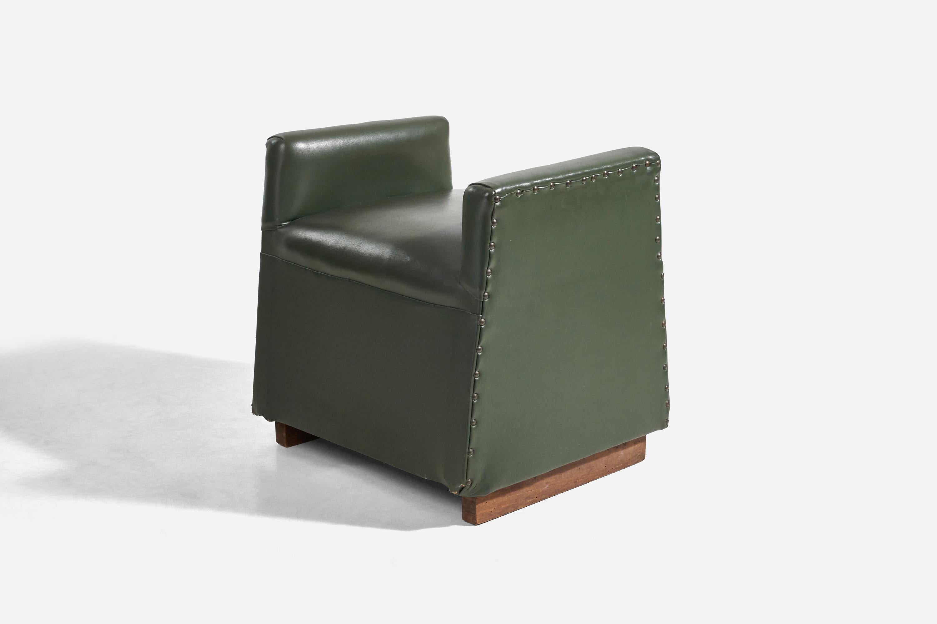 Faux Leather Italian Designer, Lounge Chairs with Ottomans, Green Leatherette, Wood, 1940s For Sale