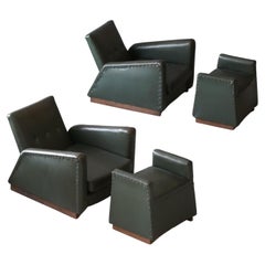 Italian Designer, Lounge Chairs with Ottomans, Green Leatherette, Wood, 1940s