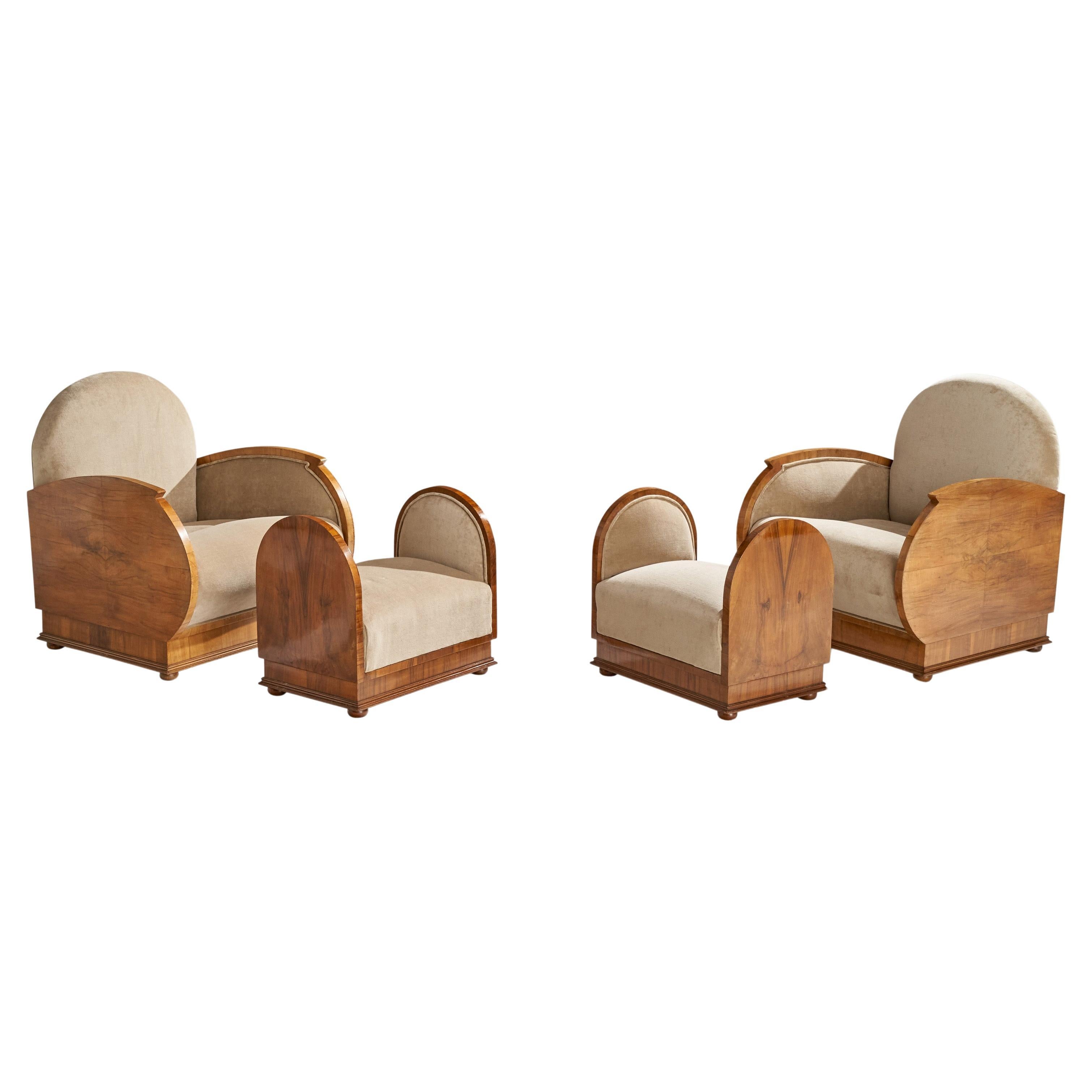 Italian Designer, Lounge Chairs with Ottomans, Walnut, Velvet, Italy, 1930s