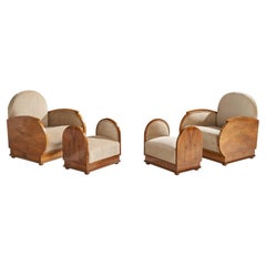 Italian Designer, Lounge Chairs with Ottomans, Walnut, Velvet, Italy, 1930s