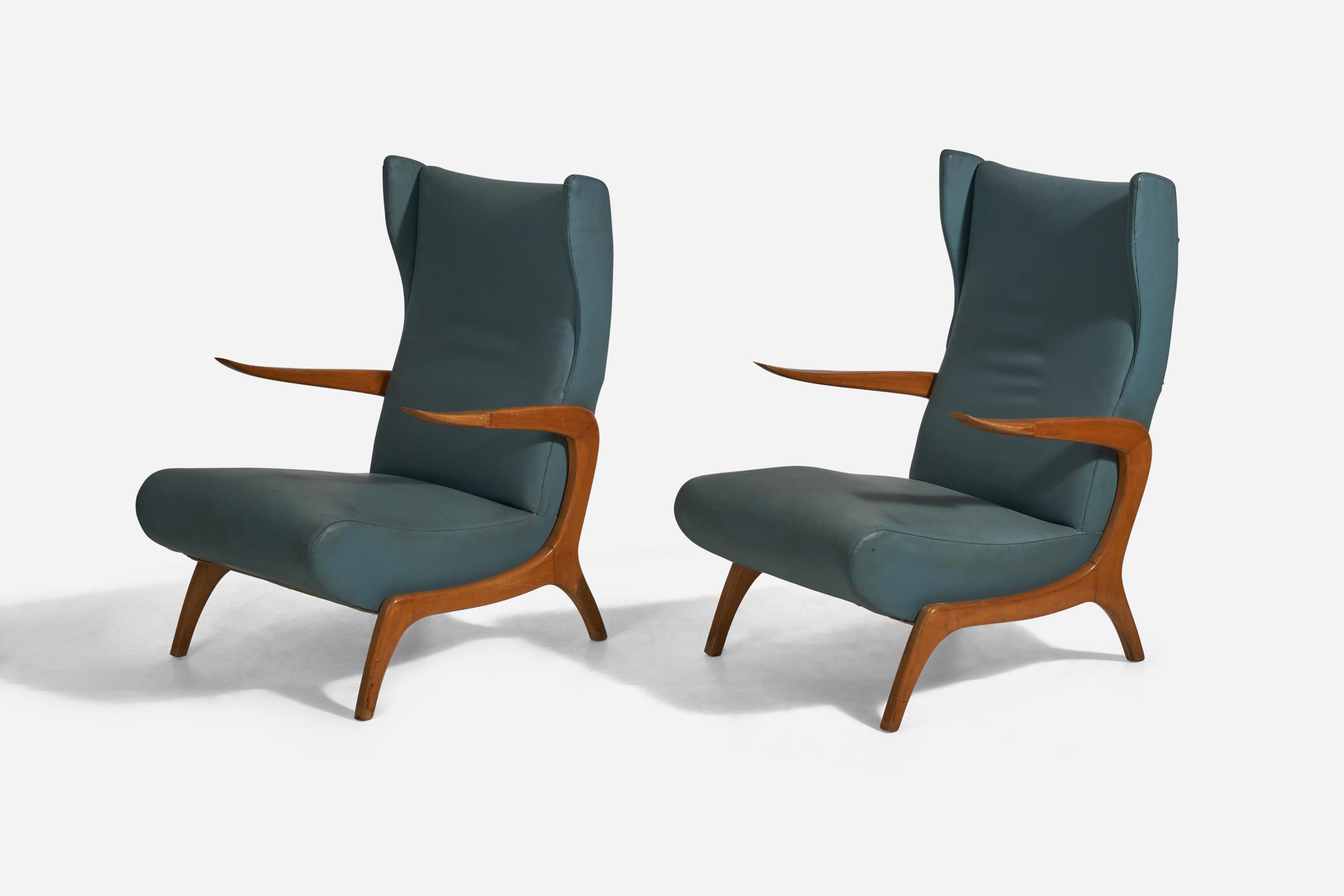 Mid-Century Modern Italian Designer, Lounge Chairs, Wood, Blue Vinyl, Italy, 1950s For Sale