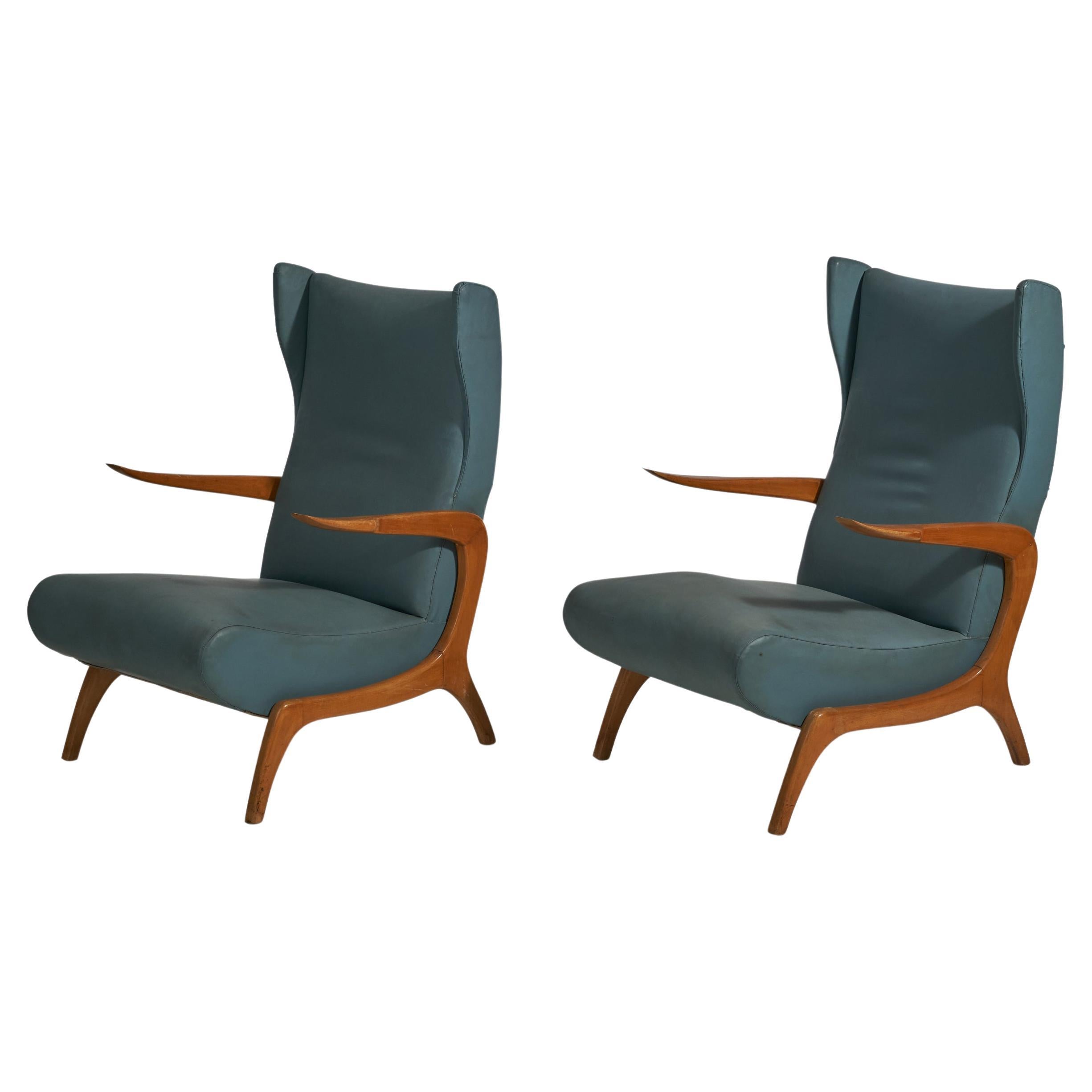 Italian Designer, Lounge Chairs, Wood, Blue Vinyl, Italy, 1950s