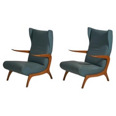 Retro Italian Designer, Lounge Chairs, Wood, Blue Vinyl, Italy, 1950s