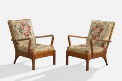 Italian Designer, Lounge Chairs, Wood, Fabric, 1940s
