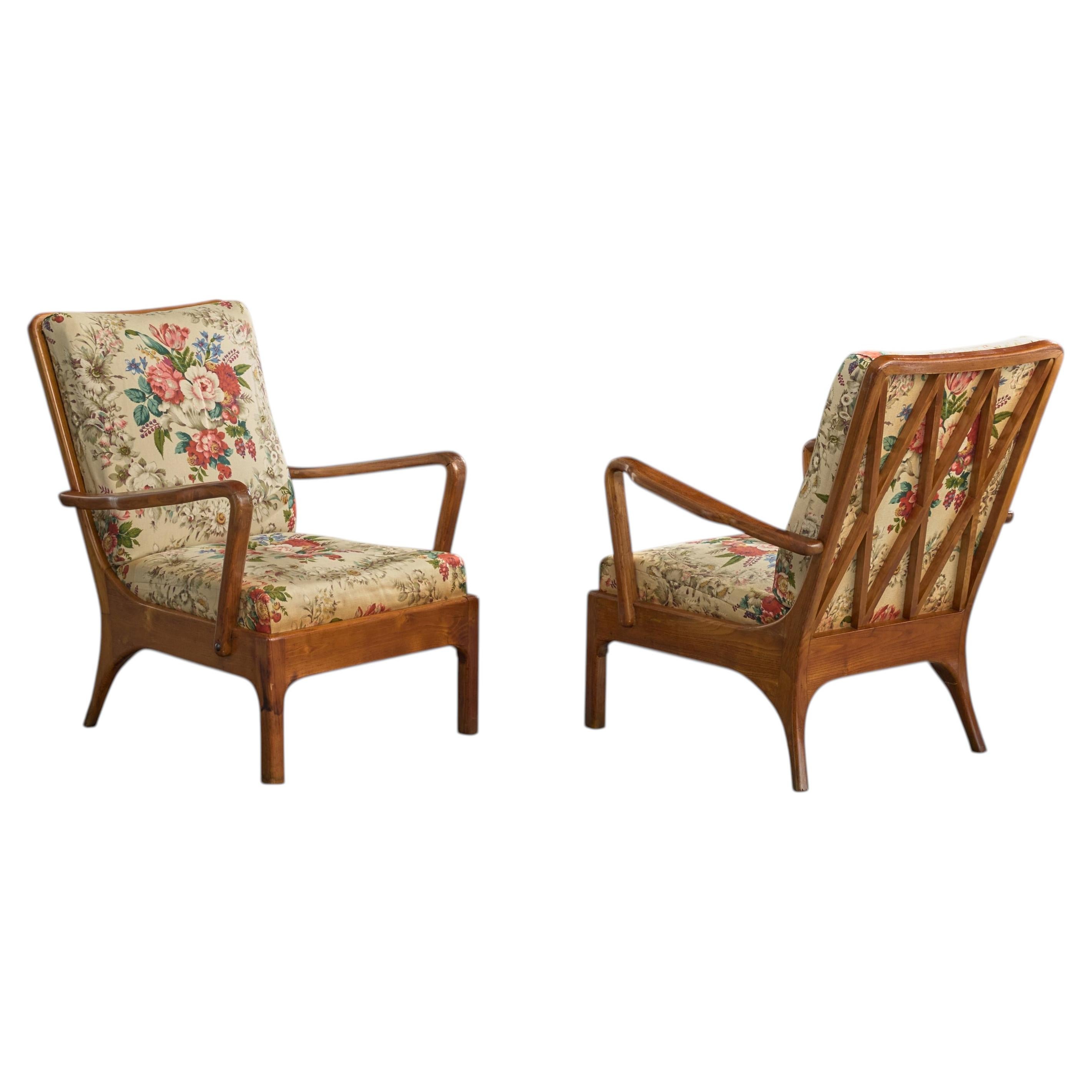 Italian Designer, Lounge Chairs, Wood, Fabric, 1940s