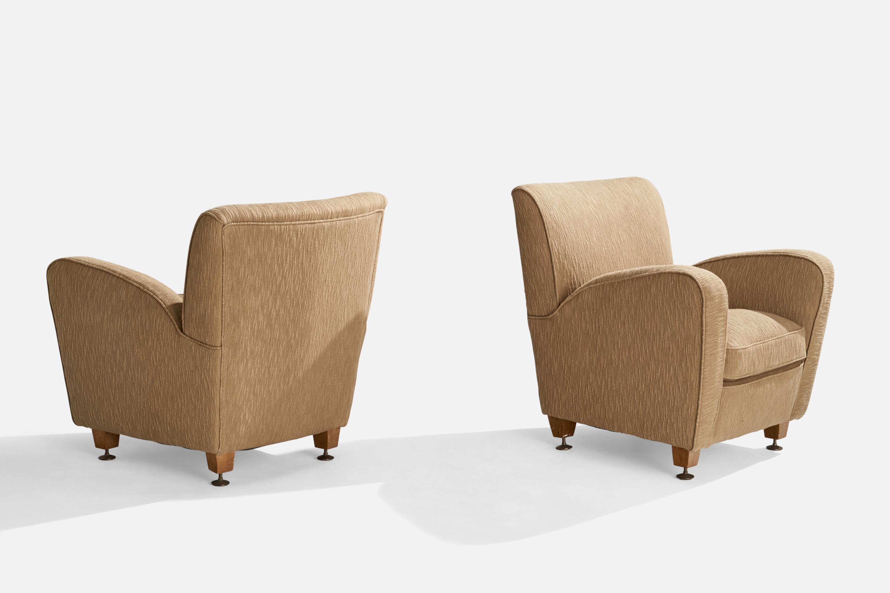 Mid-20th Century Italian Designer, Lounge Chairs, Wood, Fabric, Brass, Italy, 1940s For Sale