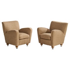 Italienische Designerin, Loungesessel, Holz, Stoff, Messing, Italien, 1940er Jahre