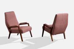 Italian Designer, Lounge Chairs, Wood, Fabric, Brass, Italy, 1960s