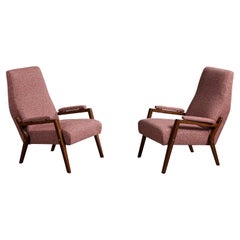 Italian Designer, Lounge Chairs, Wood, Fabric, Brass, Italy, 1960s