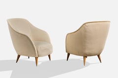 Italian Designer, Lounge Chairs, Wood, Fabric, Italy, 1940s