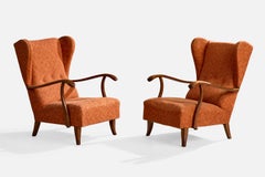 Italian Designer, Lounge Chairs, Wood, Fabric, Italy, 1940s