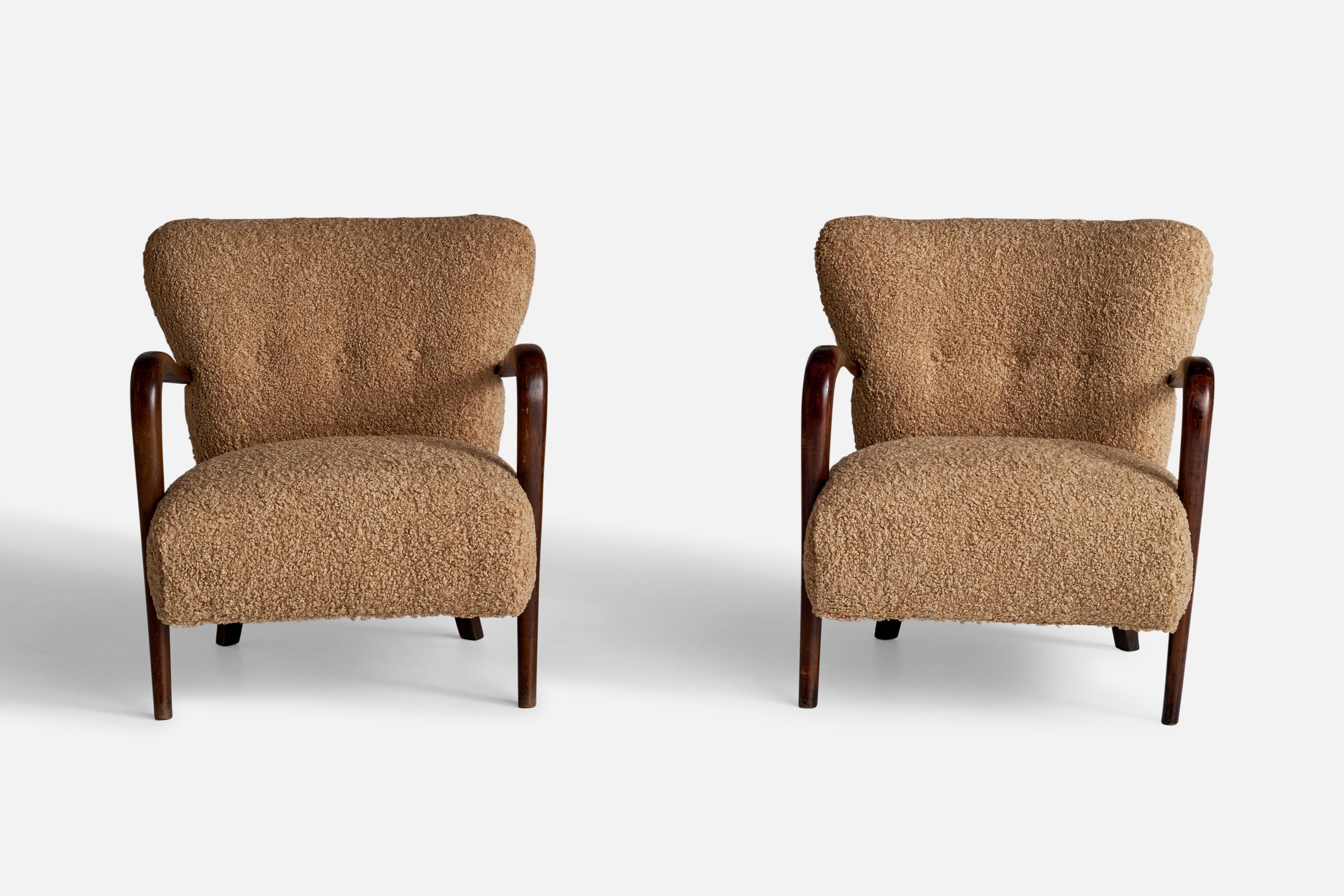 Modern Italian Designer, Lounge Chairs, Wood, Fabric, Italy, 1940s