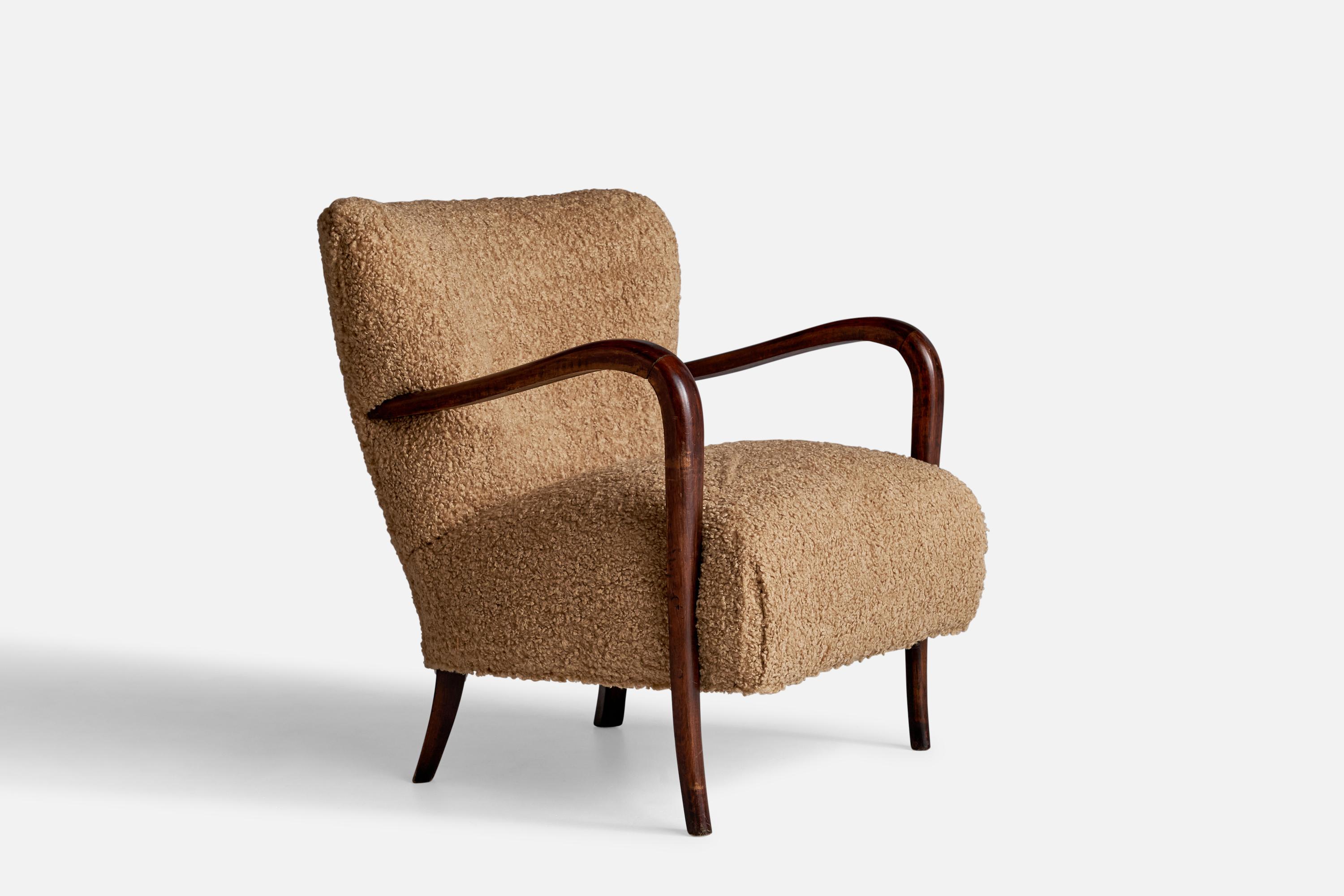 Mid-20th Century Italian Designer, Lounge Chairs, Wood, Fabric, Italy, 1940s