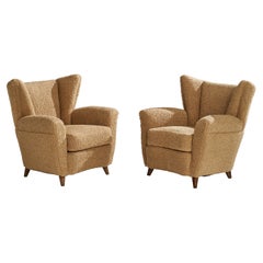 Italian Designer, Lounge Chairs, Wood, Fabric, Italy, 1940s