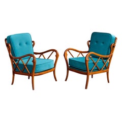 Italian Designer, Lounge Chairs, Wood, Fabric, Italy, 1940s