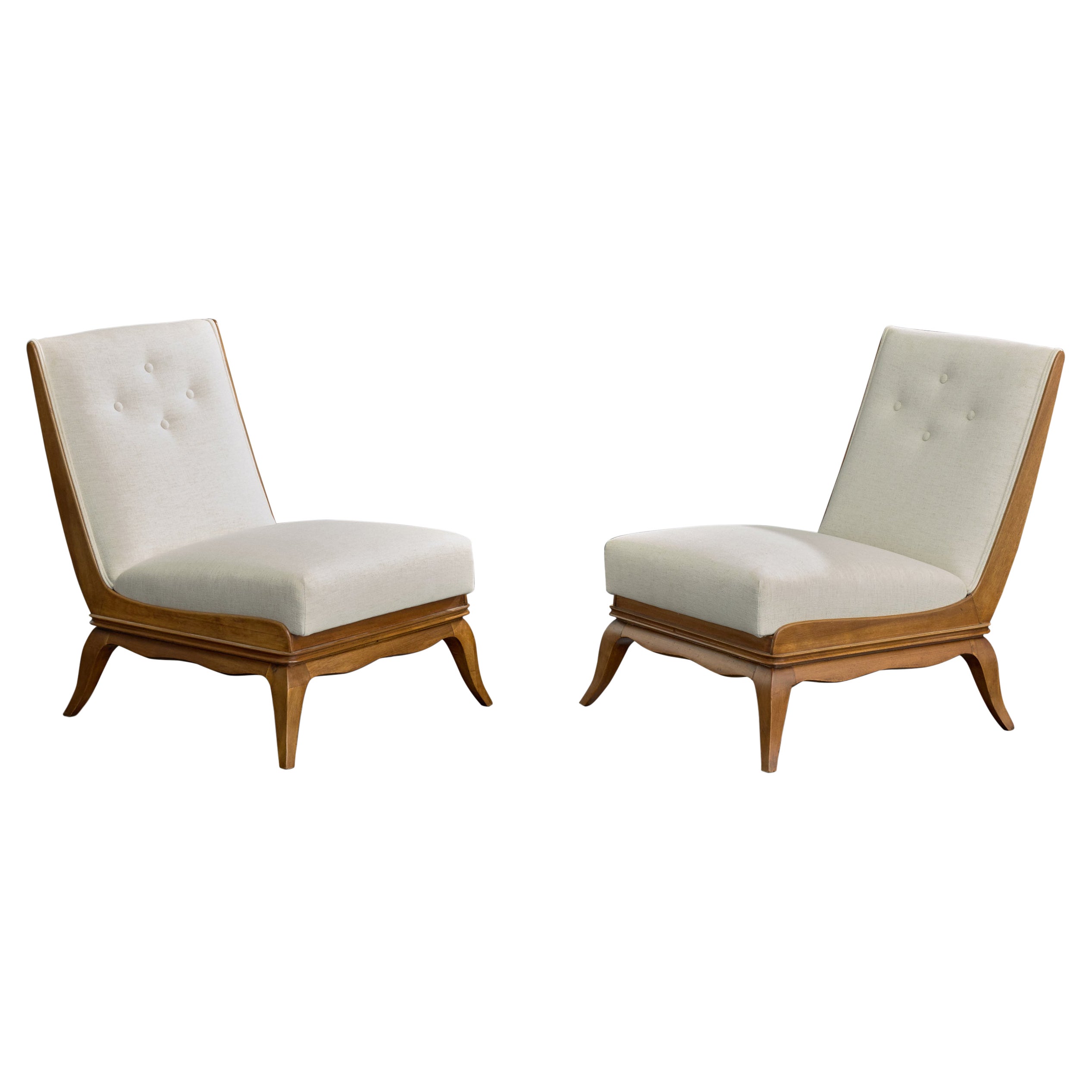 Italian Designer, Lounge Chairs, Wood, Fabric, Italy, 1940s