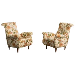 Italian Designer, Lounge Chairs, Wood, Fabric, Italy, 1940s