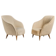 Italian Designer, Lounge Chairs, Wood, Fabric, Italy, 1940s