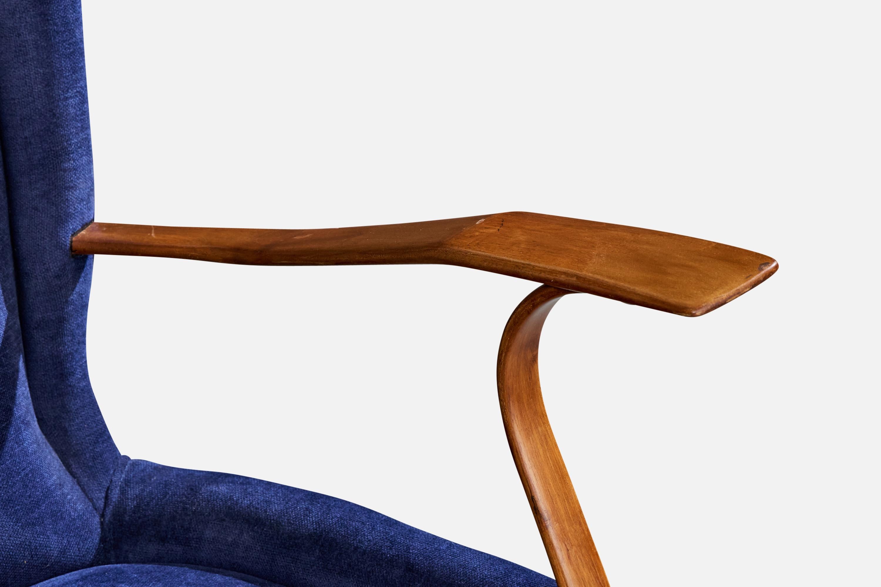 Italienische Designerin, Loungesessel, Holz, Stoff, Italien, 1950er Jahre im Angebot 5