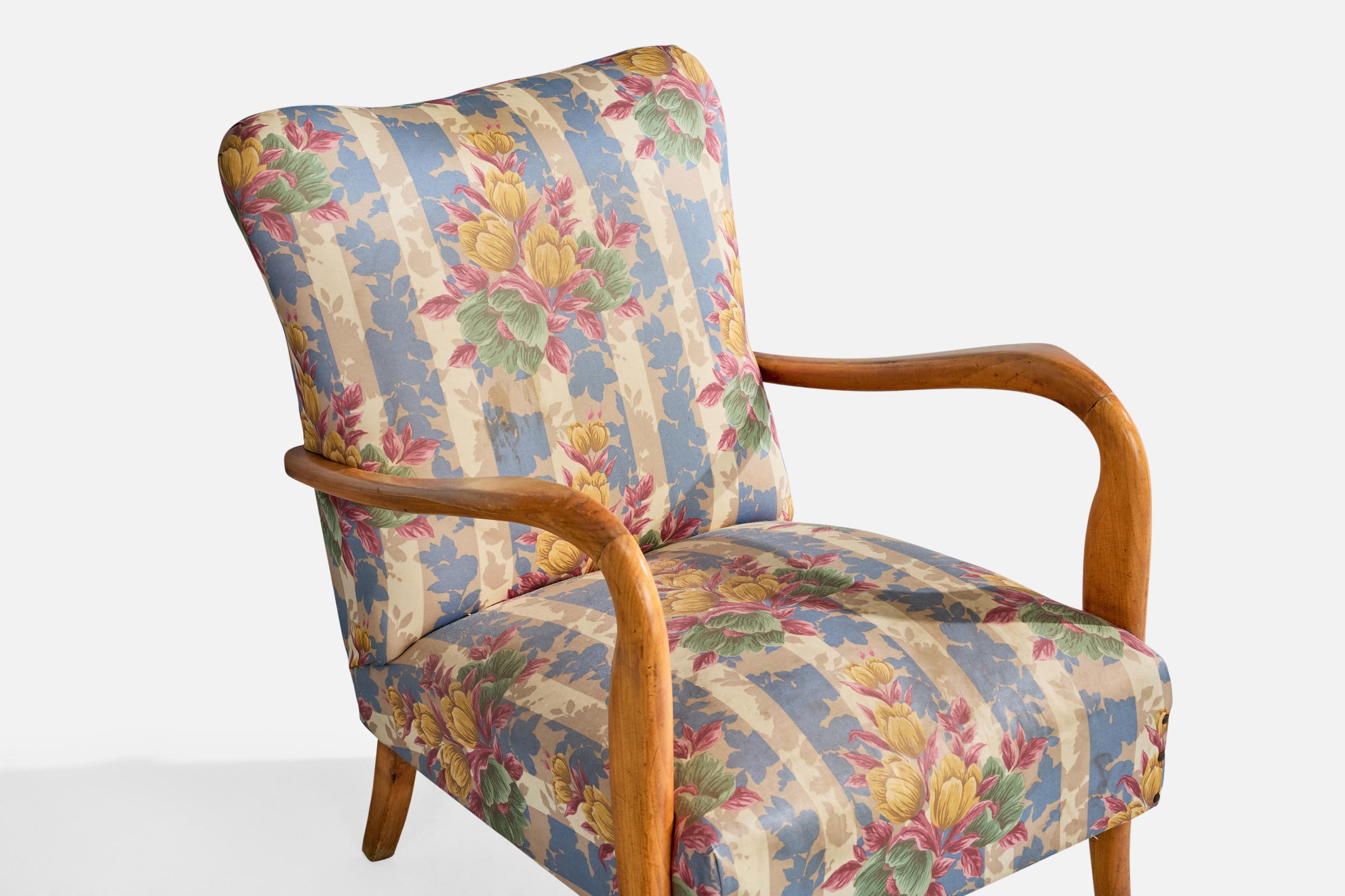 Italienische Designerin, Loungesessel, Holz, Stoff, Italien, 1950er Jahre im Angebot 6