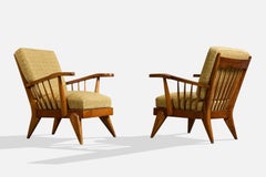 Italian Designer, Lounge Chairs, Wood, Fabric, Italy, 1950s