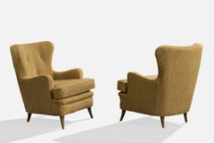 Italian Designer, Lounge Chairs, Wood, Fabric, Italy, 1950s