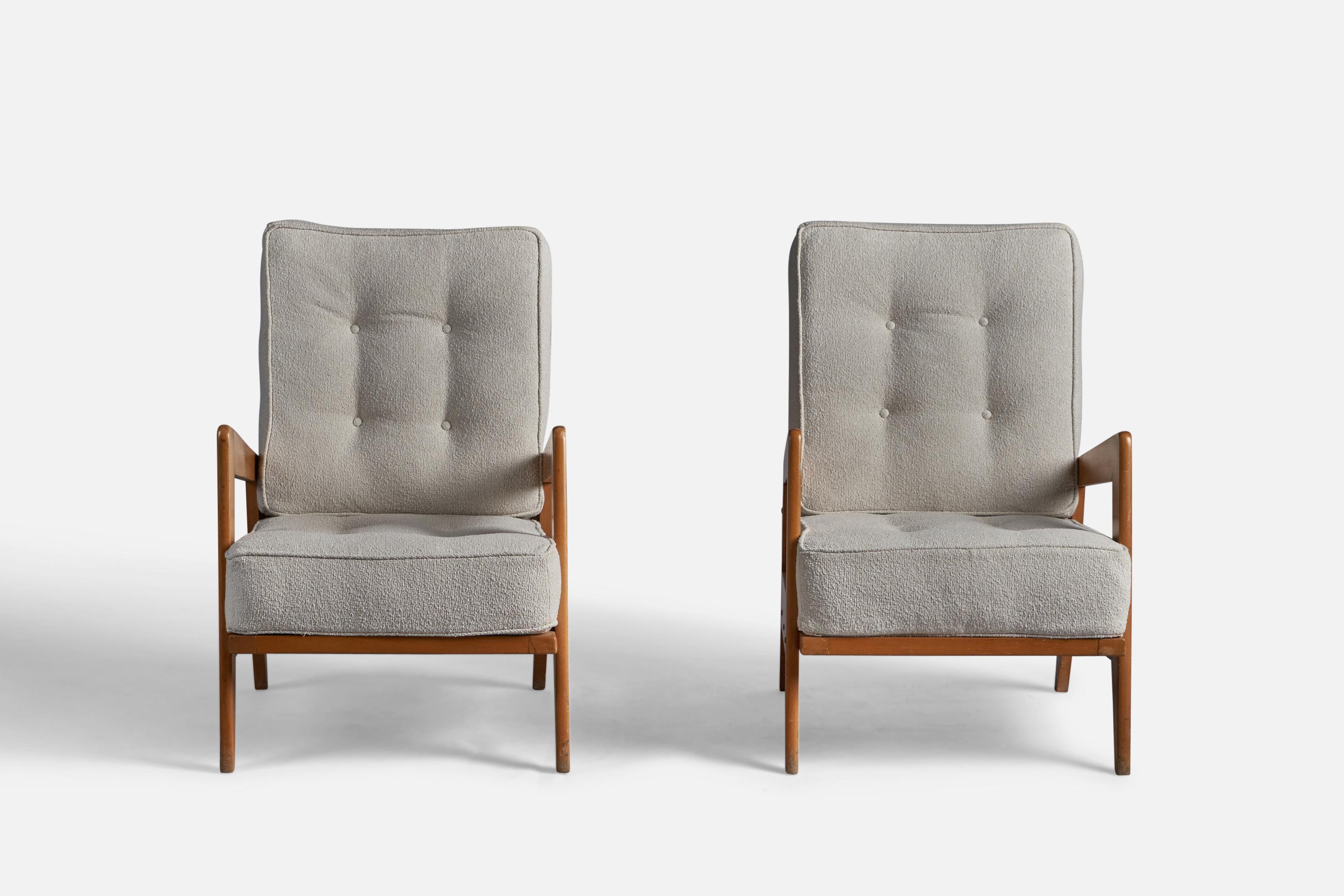 Mid-Century Modern Italian Designer, Lounge Chairs, Wood, Fabric, Italy, 1950s For Sale