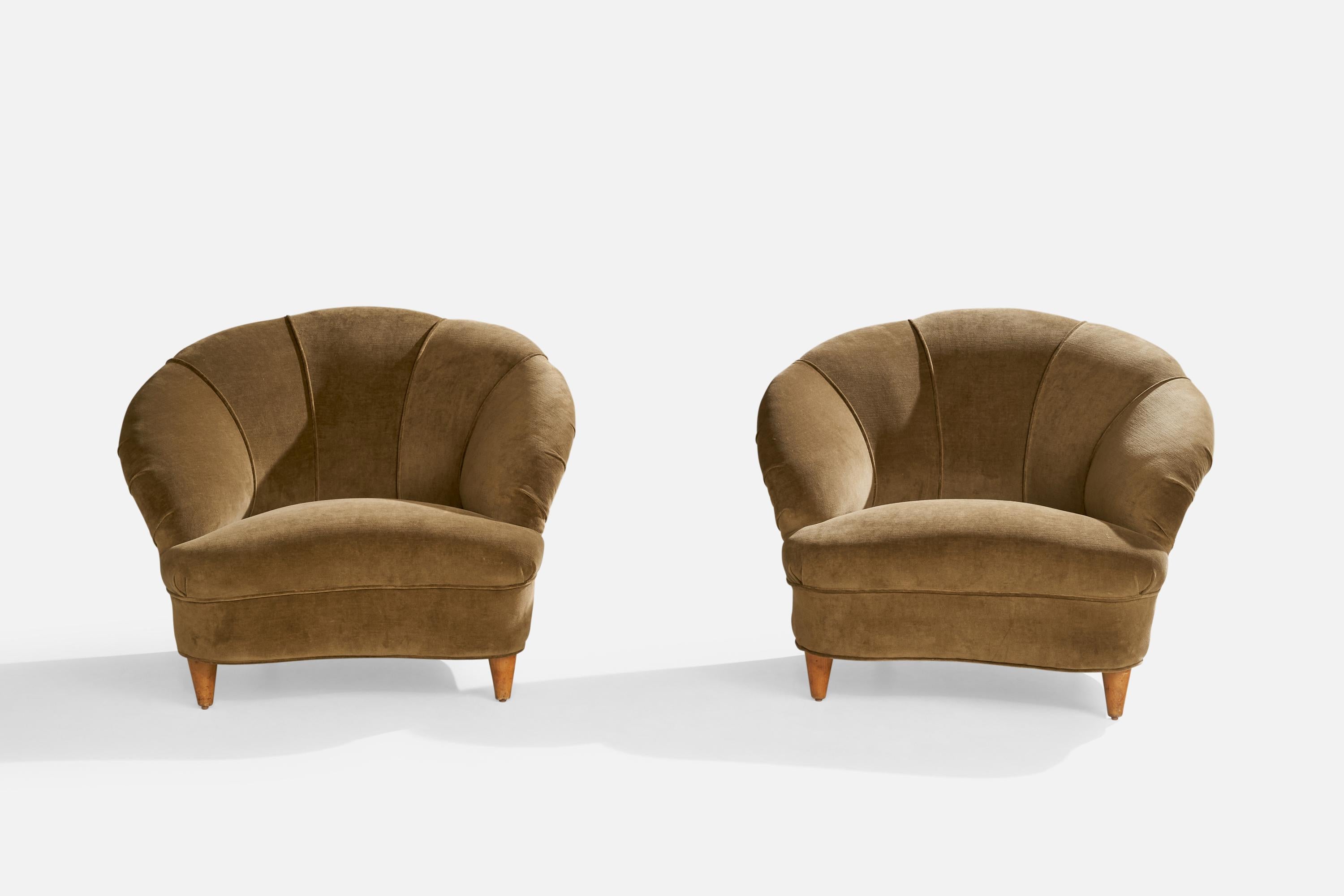 Italian Designer, Lounge Chairs, Wood, Fabric, Italy, 1950s In Good Condition In High Point, NC