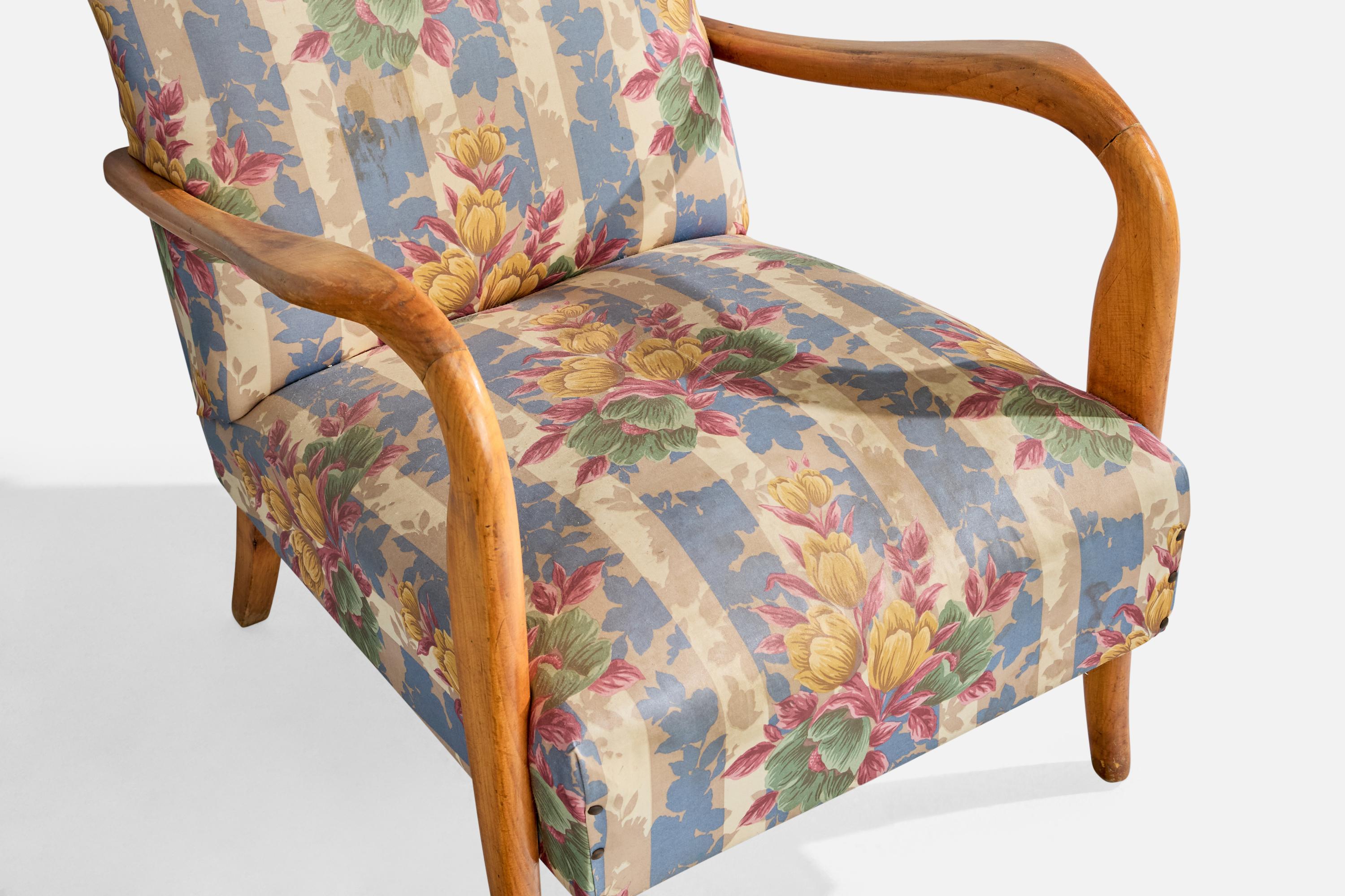 Italienische Designerin, Loungesessel, Holz, Stoff, Italien, 1950er Jahre (Moderne der Mitte des Jahrhunderts) im Angebot