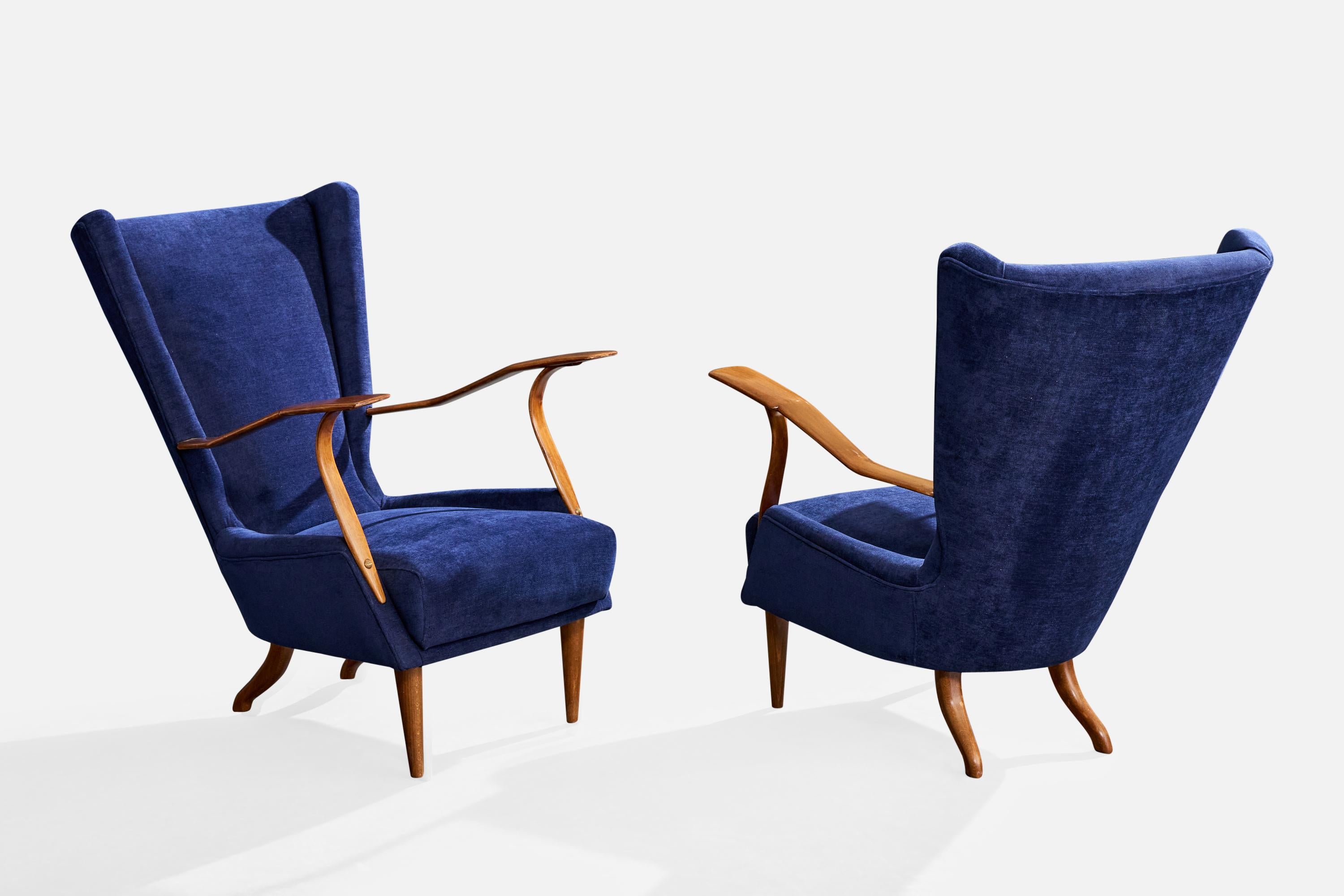 Italienische Designerin, Loungesessel, Holz, Stoff, Italien, 1950er Jahre (Moderne der Mitte des Jahrhunderts) im Angebot