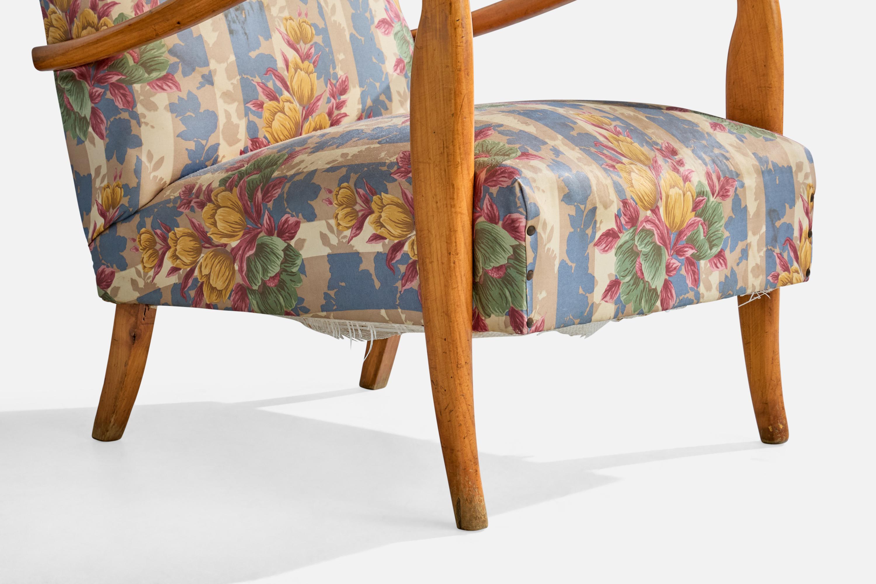 Italienische Designerin, Loungesessel, Holz, Stoff, Italien, 1950er Jahre im Zustand „Gut“ im Angebot in High Point, NC