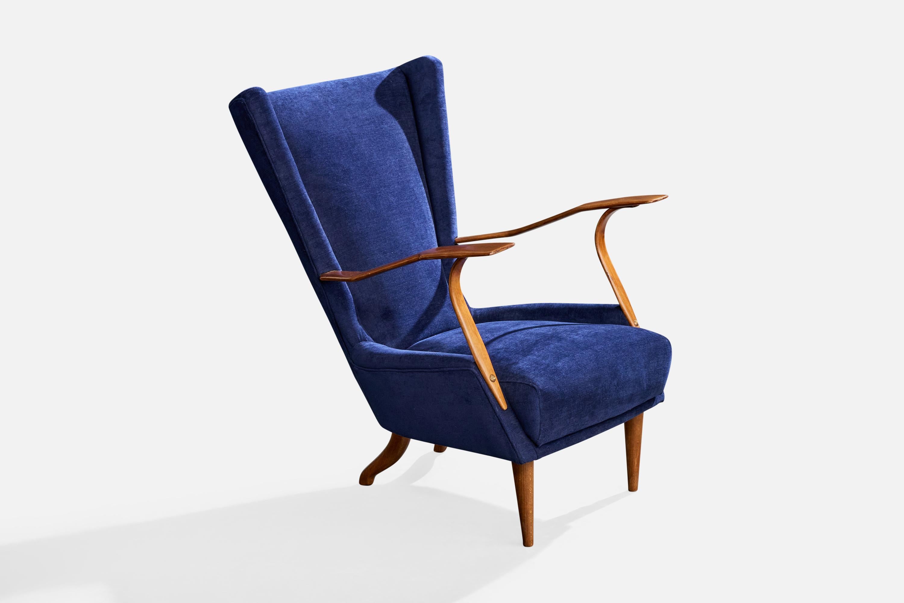 Italienische Designerin, Loungesessel, Holz, Stoff, Italien, 1950er Jahre (Mitte des 20. Jahrhunderts) im Angebot