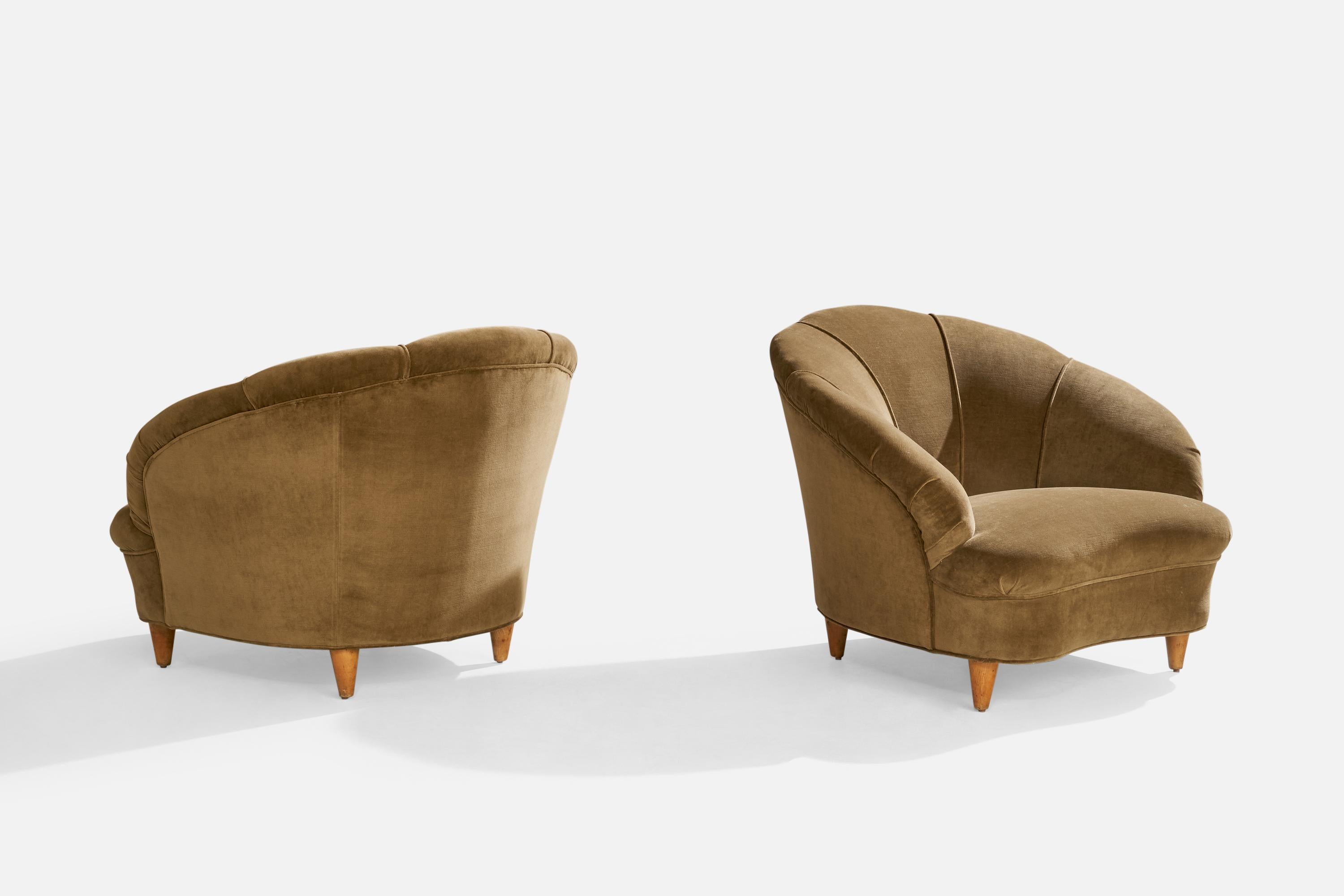 Italian Designer, Lounge Chairs, Wood, Fabric, Italy, 1950s 2